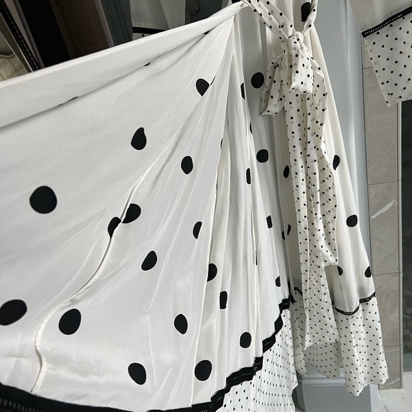 WE ARE LEONE Belted Polka-dot Silk Crepe De Chine Robe In White - Picture 8 of 14
